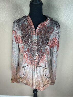 One World Floral Zip Hoodie Rust Gray Brown Women’s Large